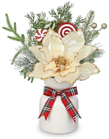 Centrotavola natalizi per tavoli, composizioni floreali artificiali di Natale con fiori di Poinsettia in vaso, piccoli allestimenti natalizi da tavolo, centrotavola rosso e bianco per festività