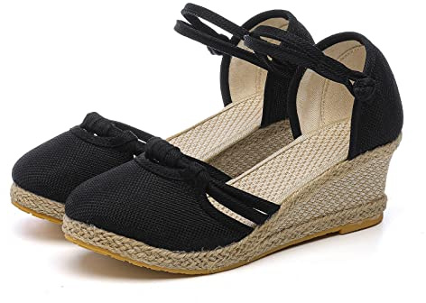 Sandali da donna con zeppa, punta chiusa, scarpe estive alla moda, espadrillas con cinturino alla caviglia, pantofole imbottite eleganti e comode, Nero , 38 EU