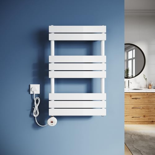 ZANOFIRA Smart WiFi Electric Flat Panel Heated Towel Rail with UK Plug, 400W White Bathroom Towel Warmer with LCD Thermostat, Overheat Protection & Adjustable Temperature Control, 800x500mm