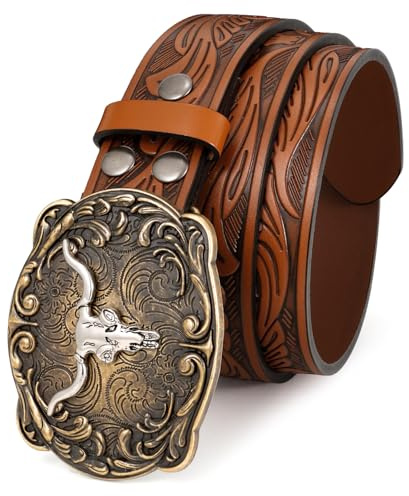 SANSTHS Cowboy Gürtel Westerngürtel für Damen Herren Bullenkopf Schnalle | Geprägt Longhorn Pferd Western Schnalle, Leder Gürtel für Jeans, Cowboy Outfits, Karneval Outfit, Party