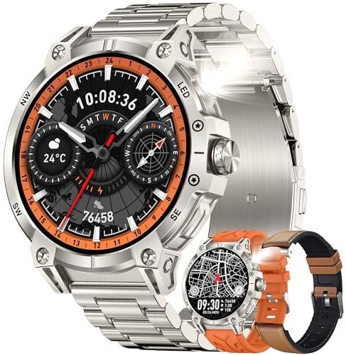 Smartwatch Herren mit Telefonfunktion, 760mAh Batterie, 1,85 AMOLED Sportuhr mit Bluetooth Anrufe Fitnessuhr mit Schlafmonitor, 5ATM Wasserdicht Smart Watch für iOS Android, 3 Armbänder (Silber)