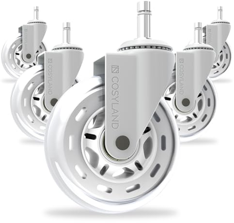 COSYLAND Ruedas para silla de oficina, juego de 5 ruedas de goma de repuesto, rodillos resistentes para silla de oficina, sin ruido, se adapta al 98% de las sillas, para todos los suelos (blanco)