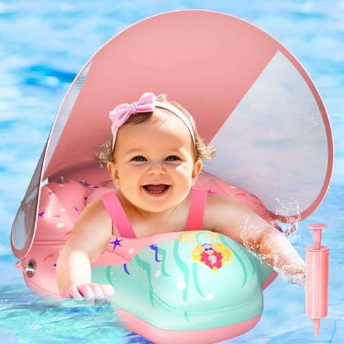 Baby Pool Float med UPF50+ soltak, justerbar säkerhetsstol och uppblåsbar balansboll – 3-36 månader (rosa, L)