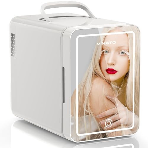 VINATO Frigo Cosmetico 6L con Specchio LED - Mini Frigo Portatile 6L, Frigorifero da Camera Silenzioso, Frigobar da Ufficio per Cura della Pelle (Alimentazione Auto/Casa)