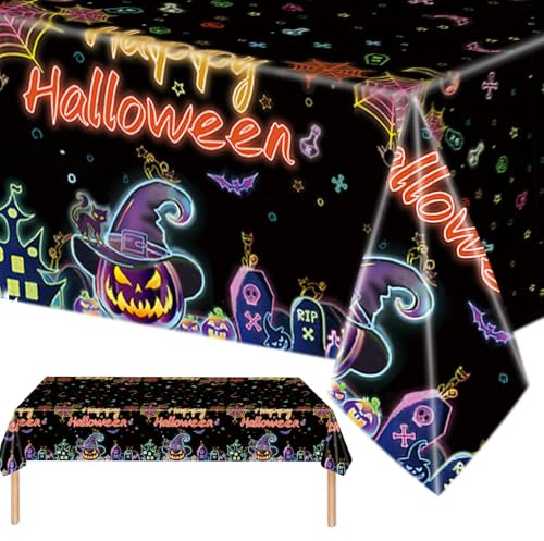 MOMAHUA Néon Nappe Halloween,137x274cm Nappe en Plastique Grande Taille Noir Glow Thème Motif Halloween Imperméable, Réutilisable pour Décoration de Fête Effrayante Intérieur et Extérieur​