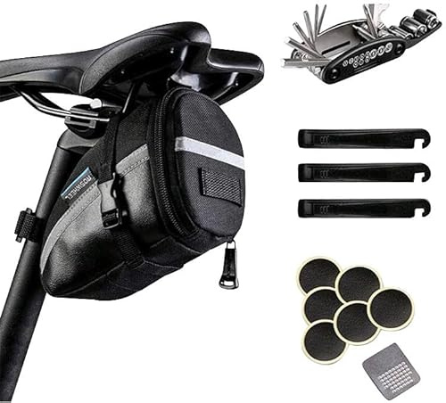 Semptec Urban Survival Technology Fahrradreparaturset: 16in1-Fahrrad-Multitool-Werkzeug mit Reifen-Reparatur-Set und Tasche (Fahrrad-Werkzeugtasche, Multifunktionswerkzeug, Zubehör)