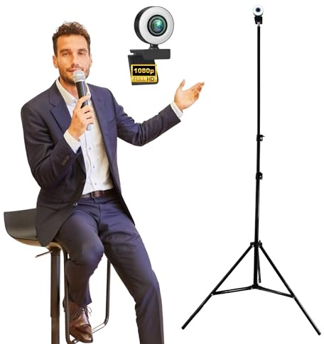 TronicXL Webcam con enfoque automático con lámpara de anillo + trípode de 210 cm de alto Full HD 1920 x 1080p I 2 micrófonos estéreo cancelación de ruido fondo I para ordenador PC portátil Xbox
