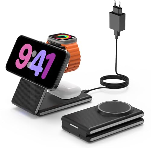 GEEKERA 3 in 1 Kabellose Ladestation, Faltbare Magnetische Ladegerät für iPhone 16/15/14 Pro Max/Plus, Wireless Charger Stand für Apple Watch10/9/8/7/6/5/Ultra, für AirPods 4/3/2/ Pro,Schwarz