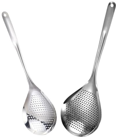 POPETPOP 2 piezas Colador de Acero Inoxidable para Cocina Resistente al Calor con Diseño Colgante de Cucharas Escurridoras para Pasta Fideos y Alimentos Fritos Capacidad Grande y Fácil