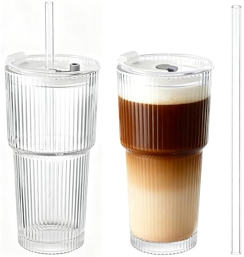 2-Pack 600ml Ribbed Cups with Lids and Straws, Large Embossed Drinking Set for Iced Coffee, Smoothies, Tea, Water – Reusable Tall Tumbler Set for Home, Office, Gifts