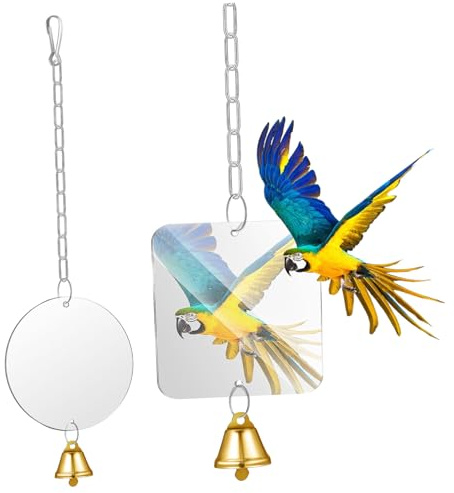 MOTHNUR 2 Stück Vogelschaukel Spiegel mit Edelstahlkette und Glocke Hänge Wellensittich Nymphensittich Papagei Käfigzubehör Robust und Einfach zu Montieren Zufällige Farbe Zufällige Farbe