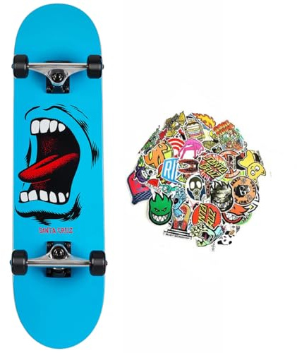 SANTA CRUZ Professionelles Skateboard, komplett, für Erwachsene und Jugendliche, Original Santa Cruz + 20 Aufkleber Geschenk (Blau Hand, 8.0)