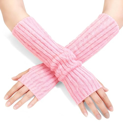 QINQINZIJIN Winter Armstulpen Damen, Lange Fingerlose Handschuhe, Winter Gestrickte Handstulpen, Weiche Arm Stulpen, Warme Gestrickte Armwärmer, für Damen Herren (Rosa)