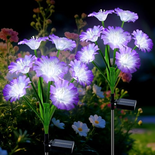 Qoosea Luces Solares Flores Jardín Exterior, 2 Piezas LED Luz Solar de Flores, Lámparas Solares Decorativa IP65 Impermeable, Decoración para Patio Césped Boda Fiestas Navidad