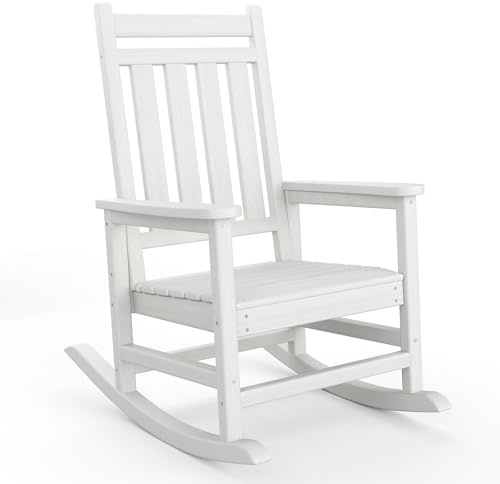 Garvee Mecedora de Jardín de HDPE Silla Balancín Exterior con Respaldo Cuadrado 4 Listones Textura de Madera para Terraza Porche Patio Sillón Relax Ergonómico Resistente 74x85x113 cm Blanco
