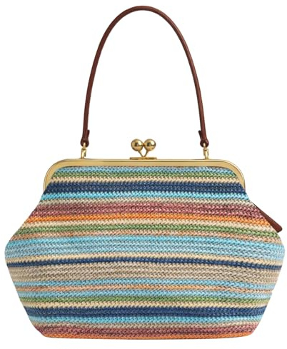 Large Kisslock Bag, Straw Tote Bag for Women Summer Purses 2026, Beach Bag with Secure Clasp, Spring Purse for Travel