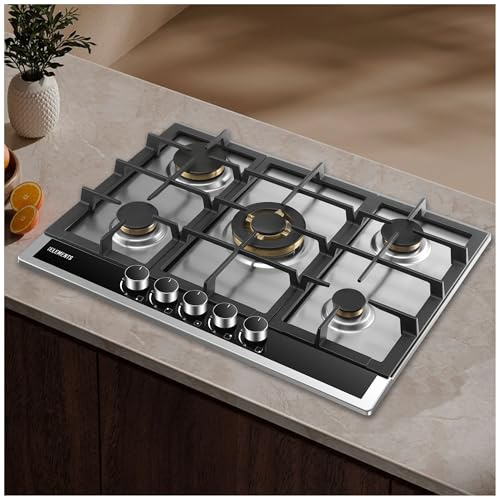 Gasherd, Gaskochfeld 5 Flammig, VOLLKUPFER-BRENNER, Wok-Dreifachbrenner, Edelstahlgehäuse, Gasherd für Propan- und Erdgas, Gas-Herdplatte mit Wok Brenner