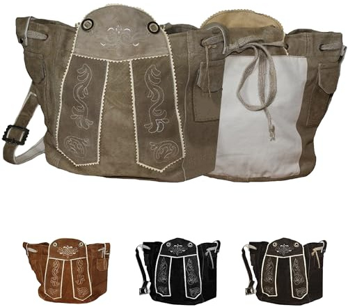 German Wear Trachtentaschen Damen Dirndl Taschen Original Trachten Ledertasche Bestickt Wildleder Beige 29H x 28B x 14T cm