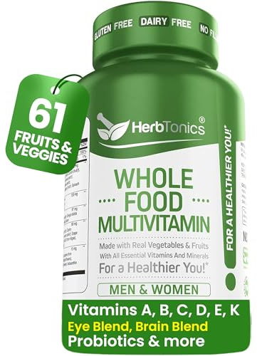 Herbtonics Whole Food Multivitamin for Men & Women – Vegan Multivitamin with Real Fruits & Veggies, Probiotics, CoQ10, Turmeric & More – 60 Capsules