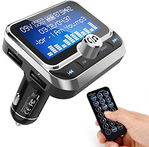 ToHayie Bluetooth FM Transmitter for Car, Wireless Radio Adapter Hands-Free Kit With 1.8 Inch Display, Dual USB Charger, AUX Input/Output, TF Card Mp3 Player, Silver