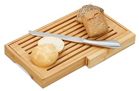 Relaxdays Tagliere per Pane, con Coltello in Acciaio Inox, Raccogli Briciole, Bambù, HLP 4x40x24 cm, Legno Naturale