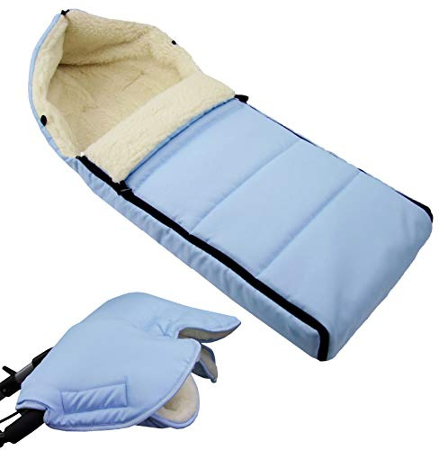 BAMBINIWELT KOMBI-ANGEBOT Muff + vinterväska 108 cm – av lammull för barnvagn, buggy, hjulberlock – ylle – LINIERT Ljusblå