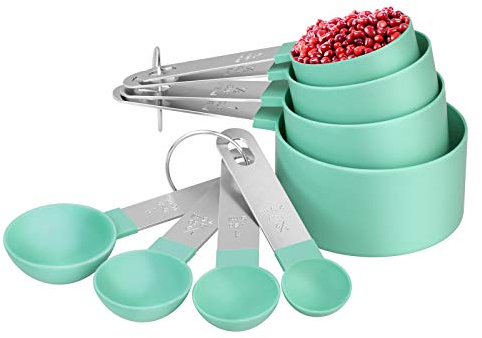 Juego de 8 tazas y cucharas medidoras, Tazas y Cucharas Medidoras de Plástico Reutilizables con Mango de Acero Inoxidable para Medir Líquidos y Sólidos (Azul turquesa)