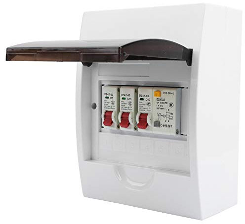 2 Way Consumer Unit Circuit Breaker Panel Mini Leakage Circuit Breaker Board 40A 30mA RCD 2MCB 6A+16A+40A, IP65 Protective Plastic Shield Garage Residential Building Electricity Box for Workshops