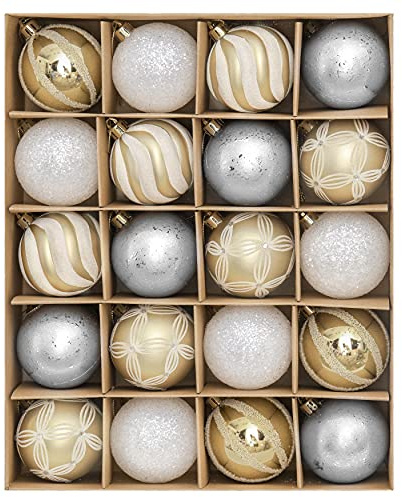 Valery Madelyn Weihnachtskugeln 20 Stücke 6cm Kunststoff Christbaumkugeln Weihnachtsdeko mit Aufhänger Baumschmuck für Weihnachtsdekoration Gold Weiß Elegant Thema(L)