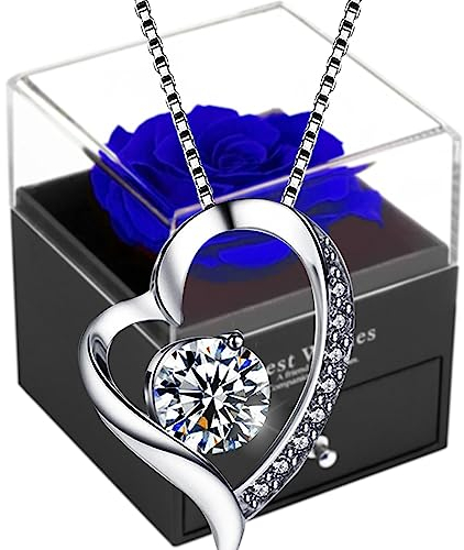 SWEETIME Infinity Rosen Blaue Rosen Geschenkbox mit 925er Sterling Silber Damen Halskette,Ewige Rose mit Silberkette,Rosebox für Frauen am Valentinstag,Muttertag,Hochzeitstag,Geburtstag.