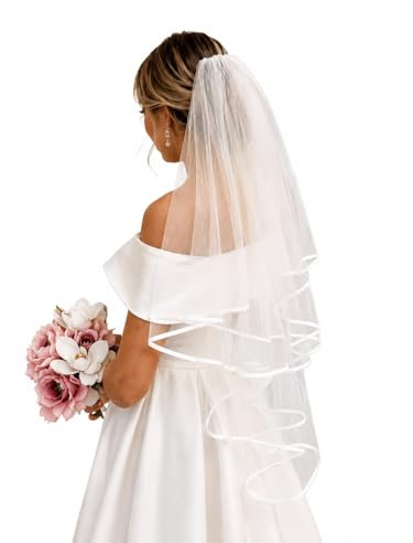 Satinband Brautschleier Hochzeitsschleier Satinschleier mittlere Länge weißer Elfenbein Tüllschleier eleganter klassischer Schleier bridal Veil Satin Edge