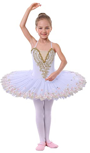 IMEKIS Vestito da Balletto per Ragazze di Fiori Body da Danza Ginnastica Ricamato Senza Maniche con Gonna Tutu Costume da Ballo Principessa da Fata Ballerina Bianco 11-12 Anni
