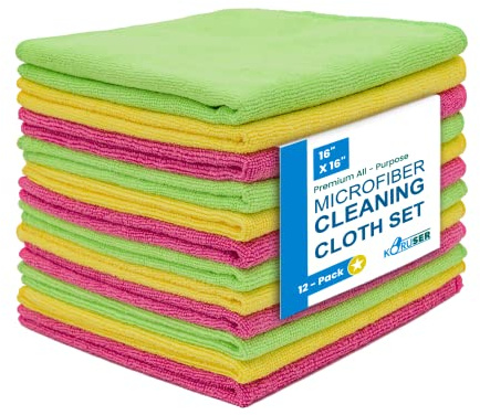 KORUSER Microfiber Cleaning Cloths - Reusable and Washable - Multi Purpose Indoor/Outdoor Cleaning/Dusting/Polishing on Kitchen/Bathroom/Auto Surfaces (12 Pack/High Grammage)