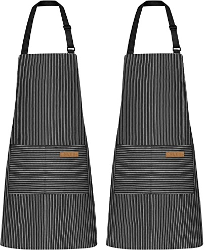 NLUS 2 Pack Kitchen Cooking Aprons, Adjustable Bib Soft Chef Apron with 2 Pockets for Men Women (Black Pinstripes)