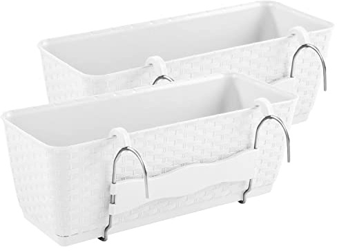 PAFEN 2 jardineras para balcón con soportes, 492 x 172 x 174 mm, maceta con almacenamiento de agua en imitación de ratán, color blanco