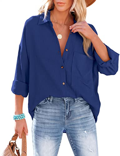 NONSAR Damblus, ledig skjorta med V-ringning, 100 % bomull, lös passform, solid, tjock topp, elegant med ficka, Mörkblå, S