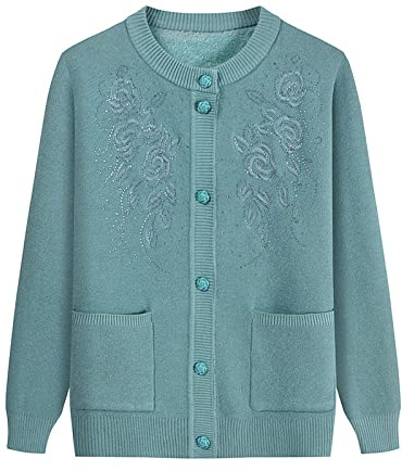 Mother's Knitted Sweaters Cardigan - Gestickte Blumen Oma Plus Velvet Sweater Coat Warme Strickjacke Mittleren Alters Für Herbst-Winter-Frauen Dickes Oberteil,Grün,X,Large
