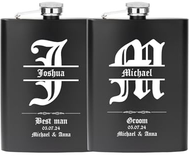 Flasques a Alcool Personnalisées 227ml 304 en Acier Inoxydable, Lot de 2 Flasques Gravées Personnalisées pour Garçons D'Honneuret Témoin D'Honneur, Cadeau de demande en Mariage (Noir)