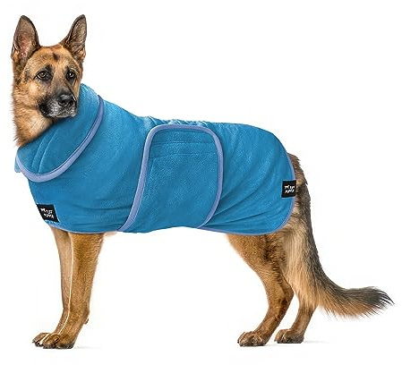 Tuff Pupper Fast Drying Dog Bath Robe | 800 GSM Plush Dog Towel Bathrobe/Dressing Gown | Super Absorbent Pet/Puppy Bathrobe | Adjustable Hood & Belly Strap | Super Soft | Fast Drying (XXXL, Blue)