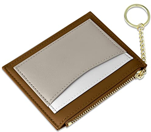 URAQT Cartera Minimalista de Cuero con Cremallera, Mini Protector de Tarjetas de crédito, Llavero de Bolsillo Frontal para Mujeres y Hombres, Color marrón a Juego, Talla única