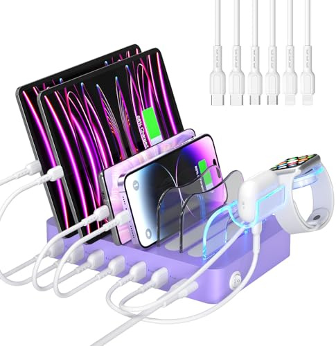 SooPii 50W 6 Port USB-Ladestation Organizer für mehrere Geräte mit 6 Kabel | Multi Ladestationen Geräte Dock für lPhone, iPad, Tablets und andere elektronische Geräte,Purpur