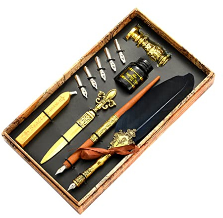 Joyeee Quill Pen Set, penne per calligrafia, set di penne a forma di piuma, 17 pennini per fumetti di diverse, timbro in metallo e supporto per penne, bastoncini di cera, inchiostro nero, blu navy
