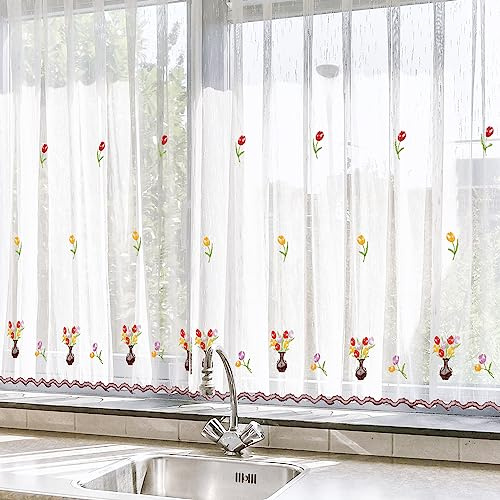 HOMEYA - Cortina Cocina Translúcida 100x140cm - Visillo Transparente Estampado para Ventana, Marco de Puerta - 2 Unidades