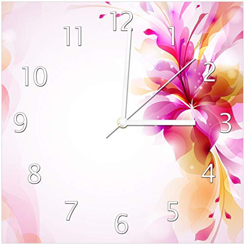 Wallario Design-Wanduhr Pinkes Blumenbuket aus Glas, Motiv-Uhr Größe 30 x 30 cm, weiße Zeiger