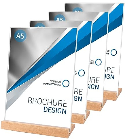 SWAWIS 4 Stück Tischaufsteller A5 Aufsteller Tischaufsteller Acryl | Aufsteller Acryl Werbeaufsteller A4 L-Ständer Tischaufsteller Holzsockel für Hochzeitsparty, Hotel, Cafés, Restaurants