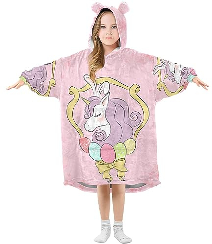 Übergroße Decke Hoodie für Kinder Erwachsene Mädchen Jungen, Fleece Hoodie Decke Faultier mit Einhorn Horn Super Warm Plüsch Tragbare Decke Hoodie Sweatshirt mit geräumiger Tasche, klein, Einhorn 306,