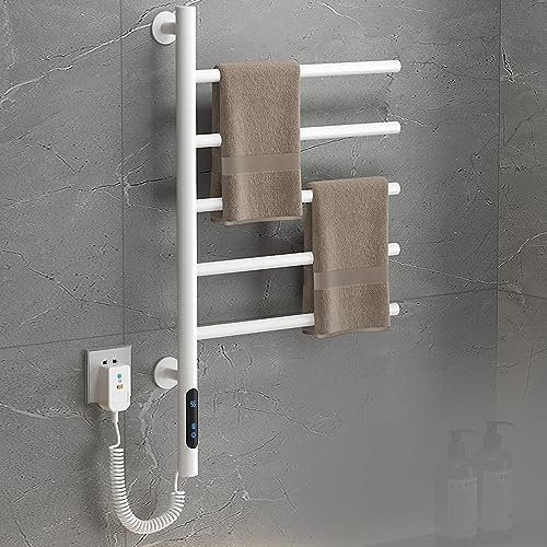 LCD Touch Scaldasalviette Elettrico Ruota di 180°,Programmabile 4 Modalità Intelligenti Scaldasalviette Termoarredo Bagno 85W,Tempistiche 1-9 Ore,Regolazione Della Temperatura 30-70°,420x660mm,Bianca