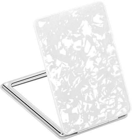 Delicate Compact Travel Vanity Mirror for Girls Women Men, Classic White 2-Sided Folding Makeup Mirrors for Pocket Purse Handbag Wallet, Portable Magnifying Slim Cosmetic Mirror with 3D Shell Pattern