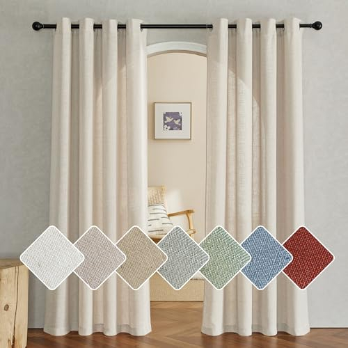 PONY DANCE Wohnzimmer Gardinen Halbtransparent Leinenvorhang Boho 2er Set H 200 x B 140 cm Natur, Leinenoptik Vorhänge mit Ösen Semi-Sheer Linen Curtains for Living Room/Bedroom