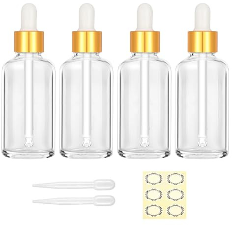 Apstaqeoo 4PCS 50ML Clear Glass Dropper Bottles - Empty Bottle with Dropper Pipette Refillable Sample Bottles Tincture Drop Bottle Gold Cap for Essential Oil Aromatherapy Perfume Laboratory